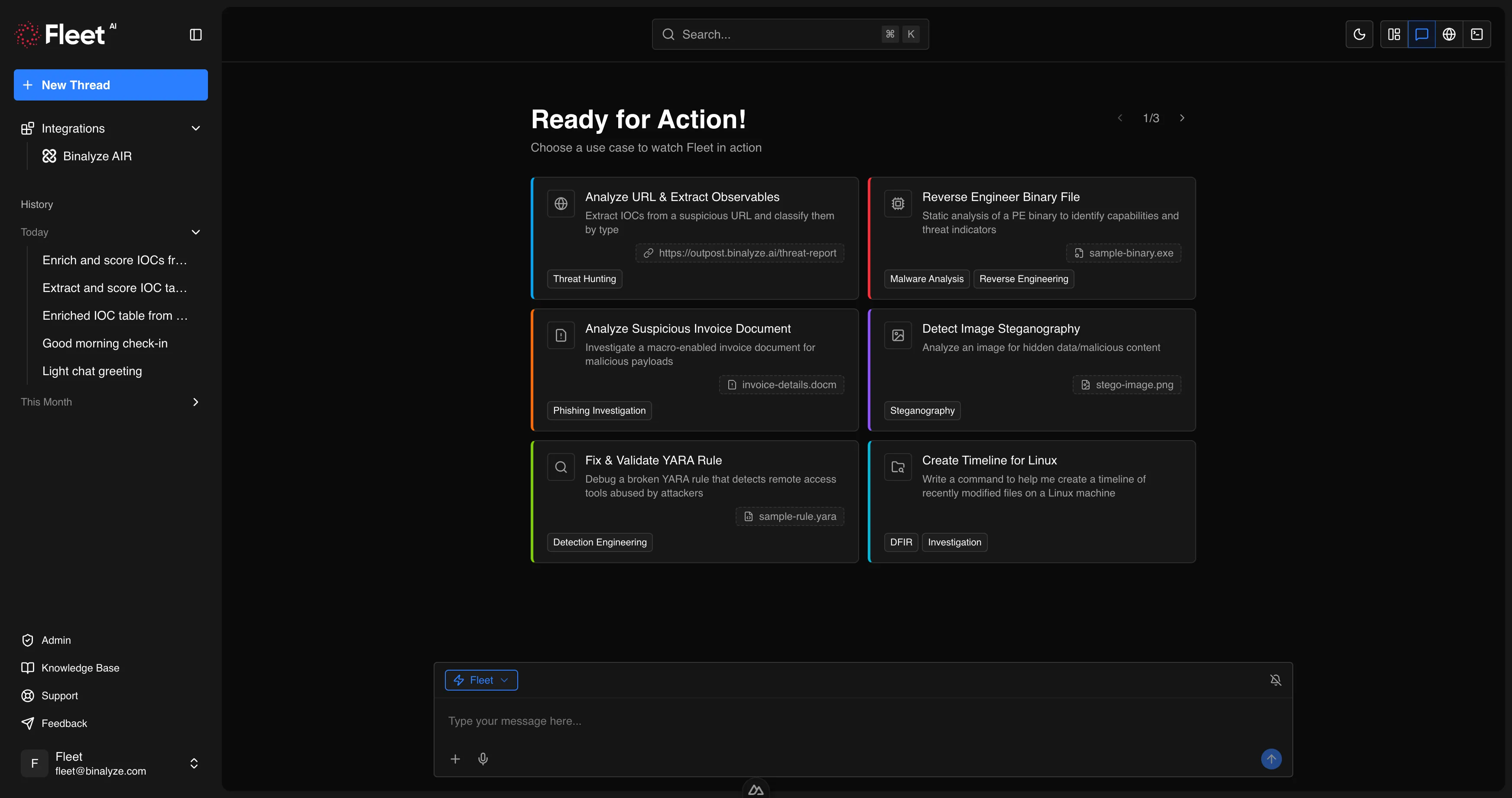 Composer with Fleet mode selector, text input, attachment button, and voice input