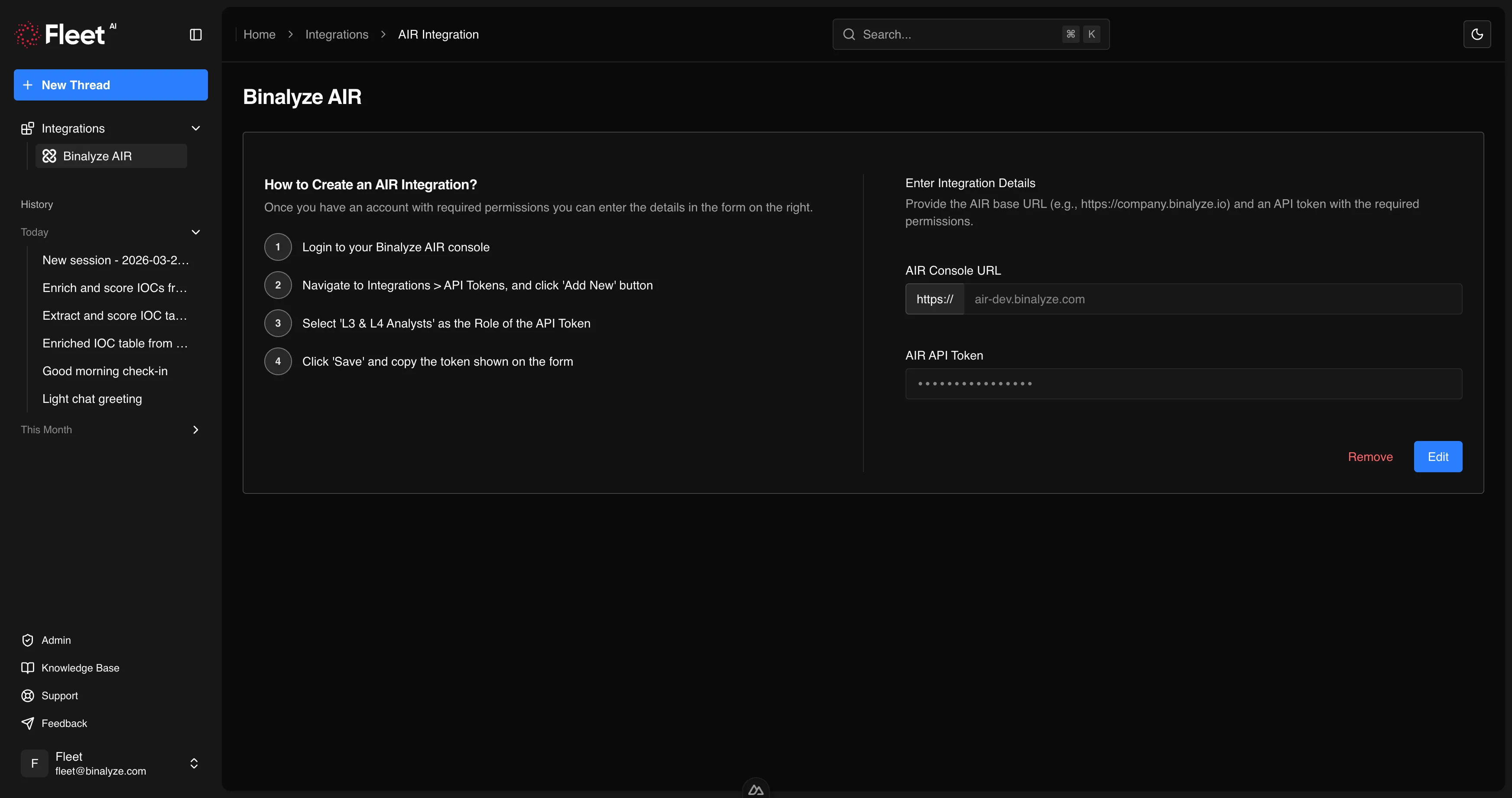 Integrations page showing the Binalyze AIR integration card