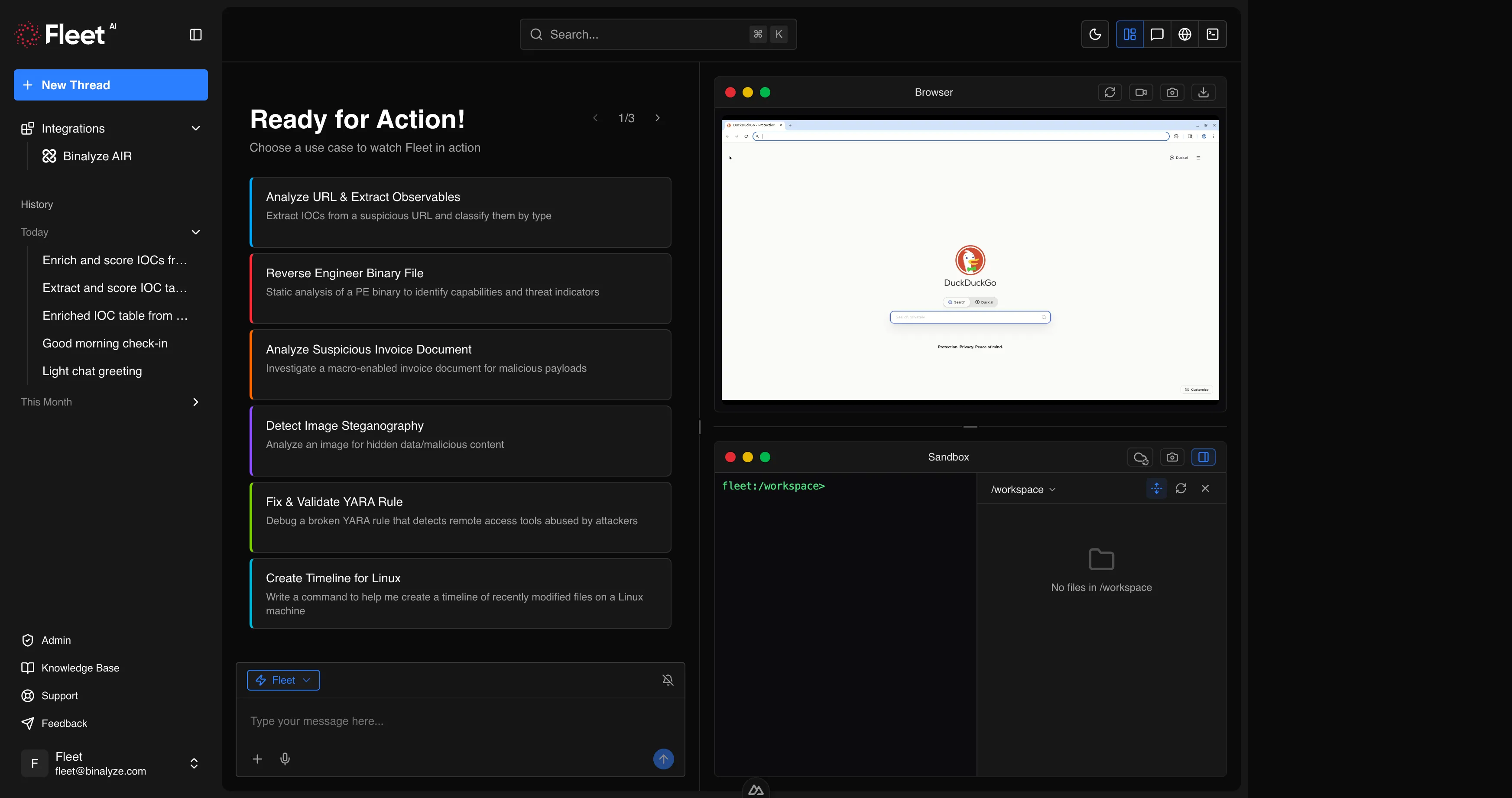 Fleet layout overview showing sidebar, header, and content area with browser and terminal panels