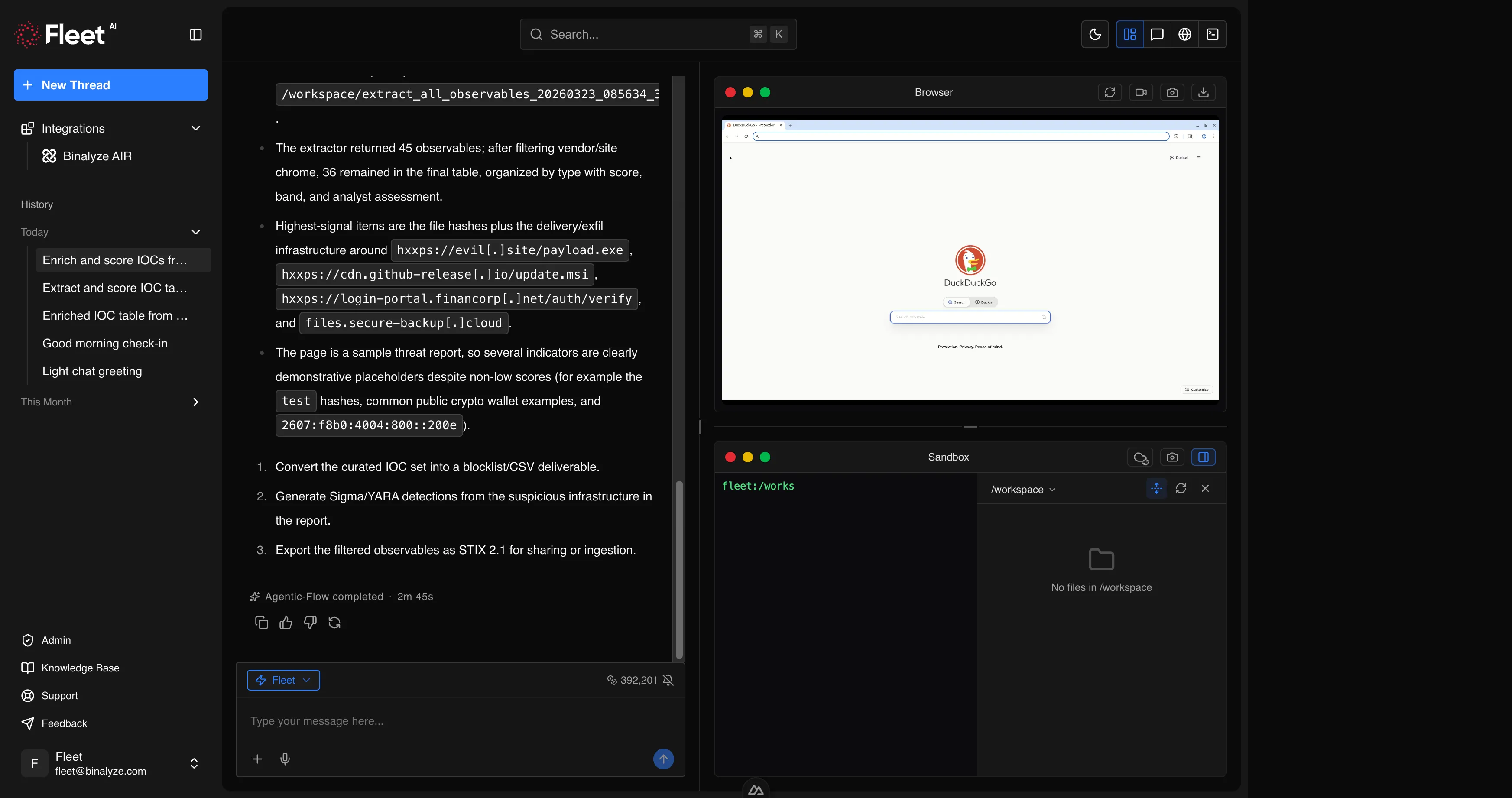 Split view with chat, browser panel, and terminal/workspace panel