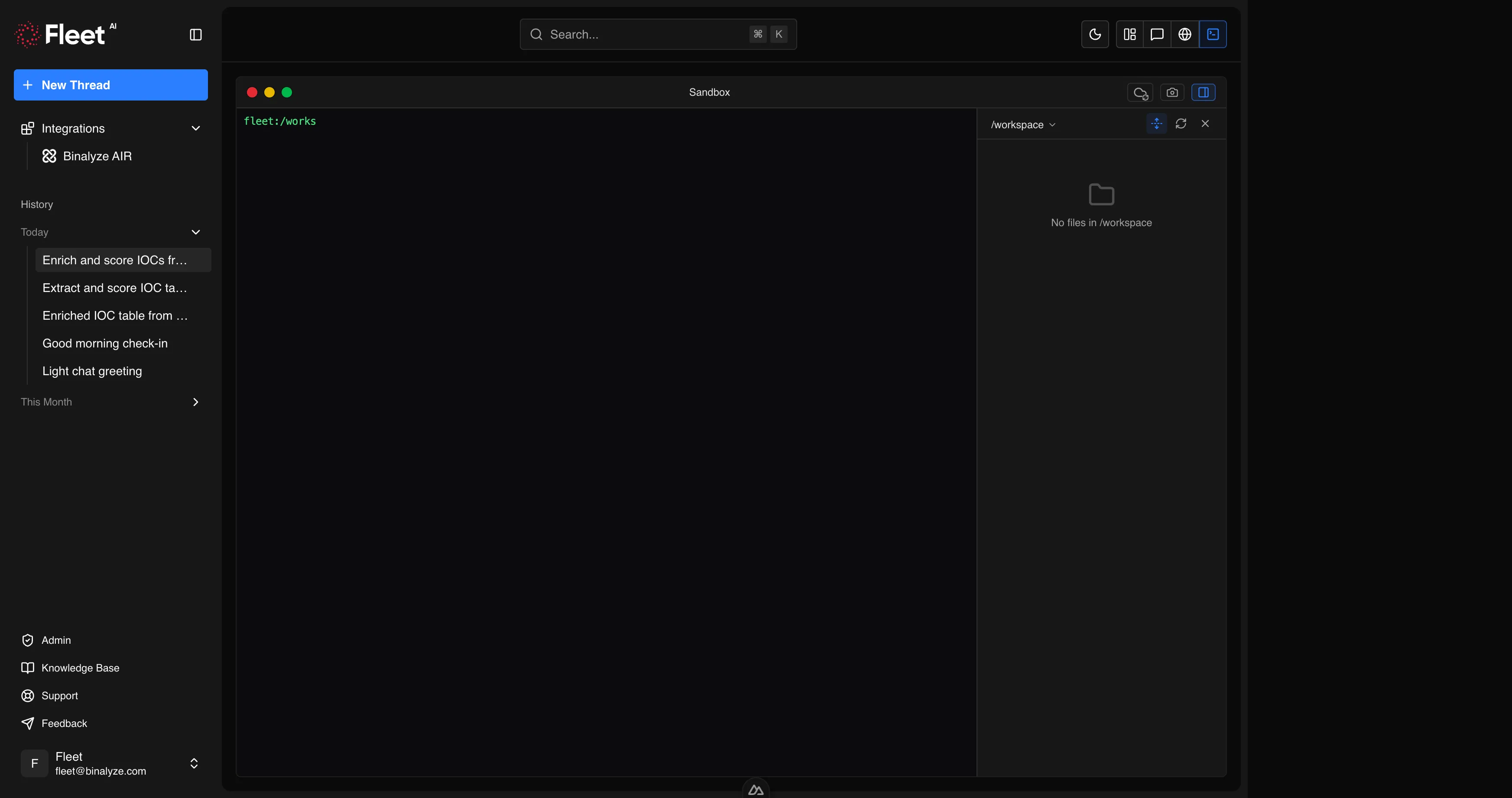Workspace file tree with dated folders and analysis outputs
