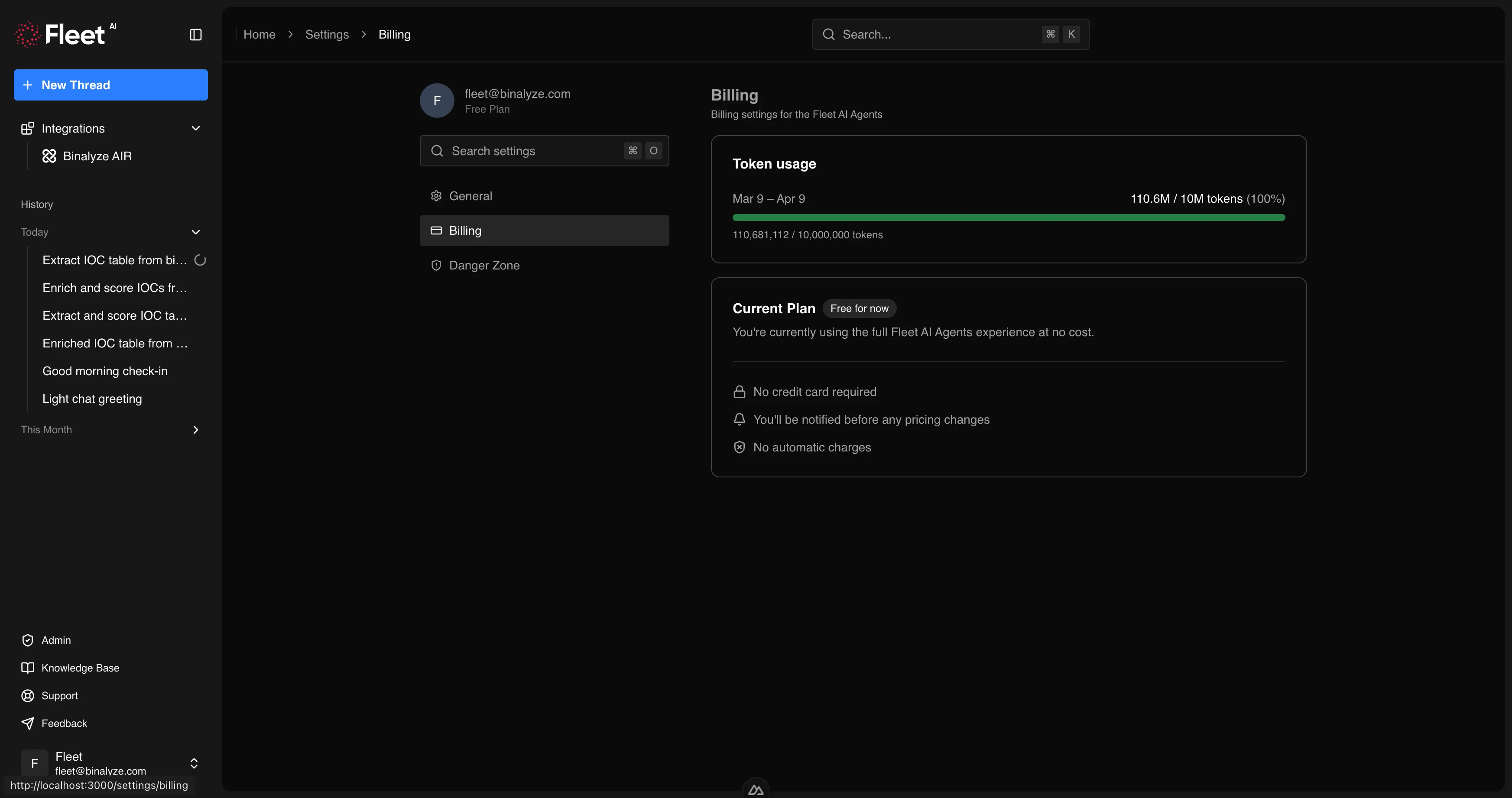 Billing page showing token usage, billing cycle, and plan details