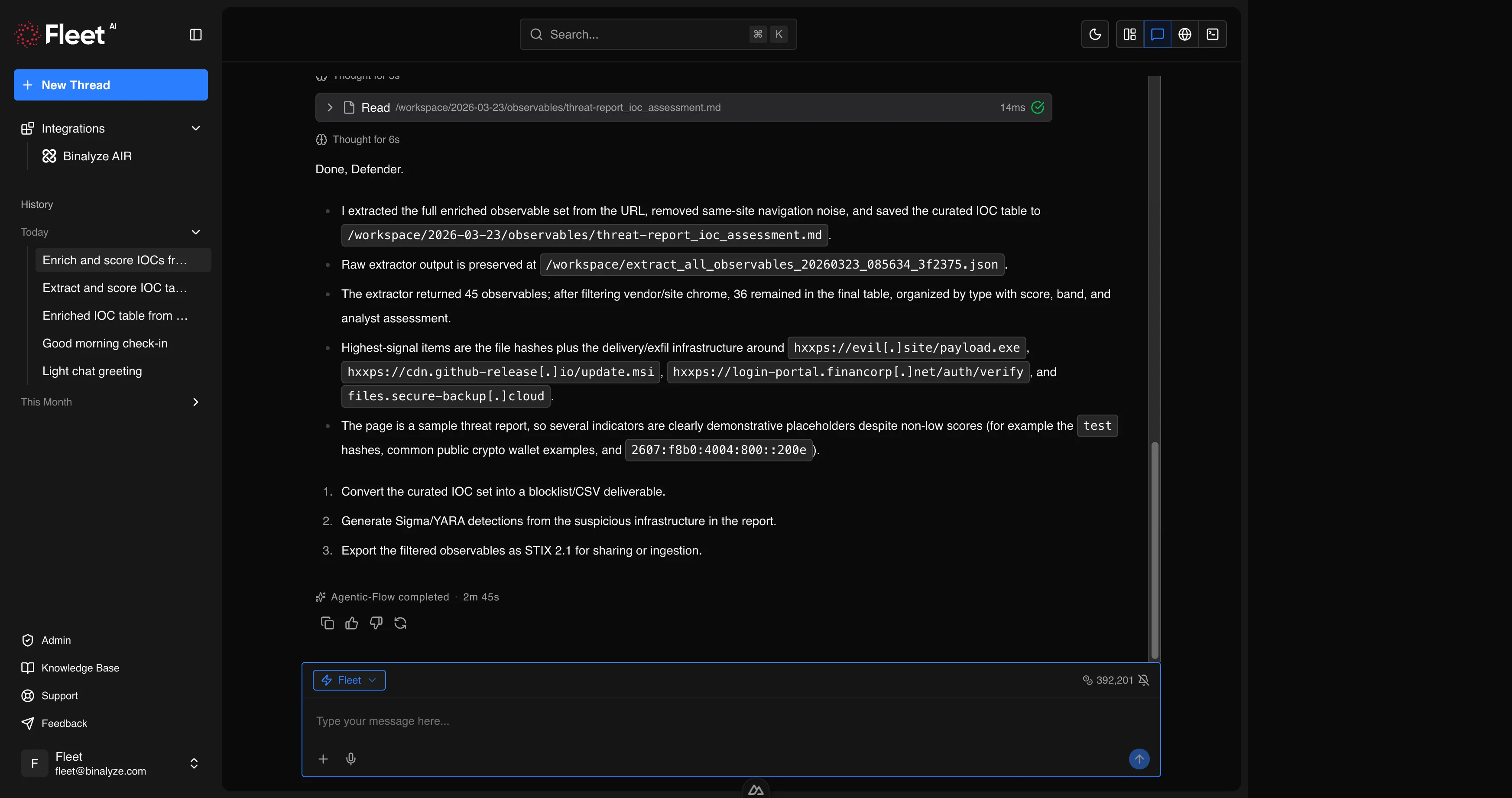 Conversation view showing reasoning blocks, structured output, and compact composer